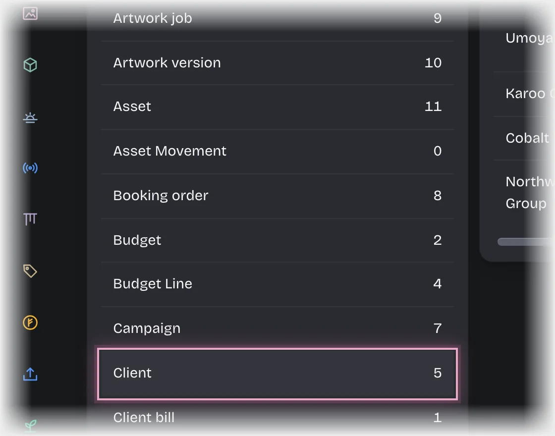 Manage, Records with Client outlined in the list of record types