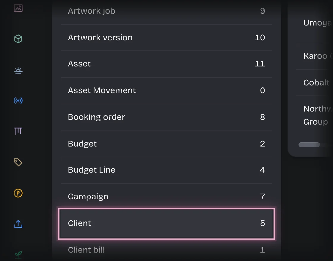 Manage, Records with Client outlined in the list of record types