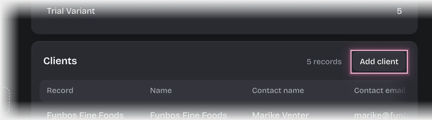 The Clients list with the Add client button outlined