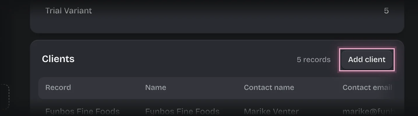 The Clients list with the Add client button outlined