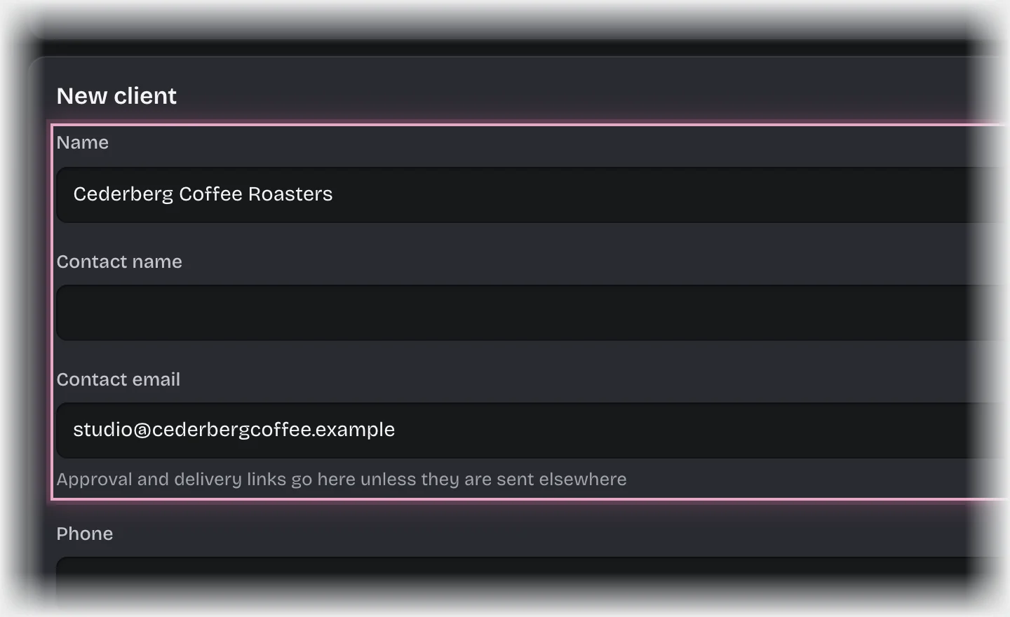 The New Client form with Name and Contact email filled in and outlined