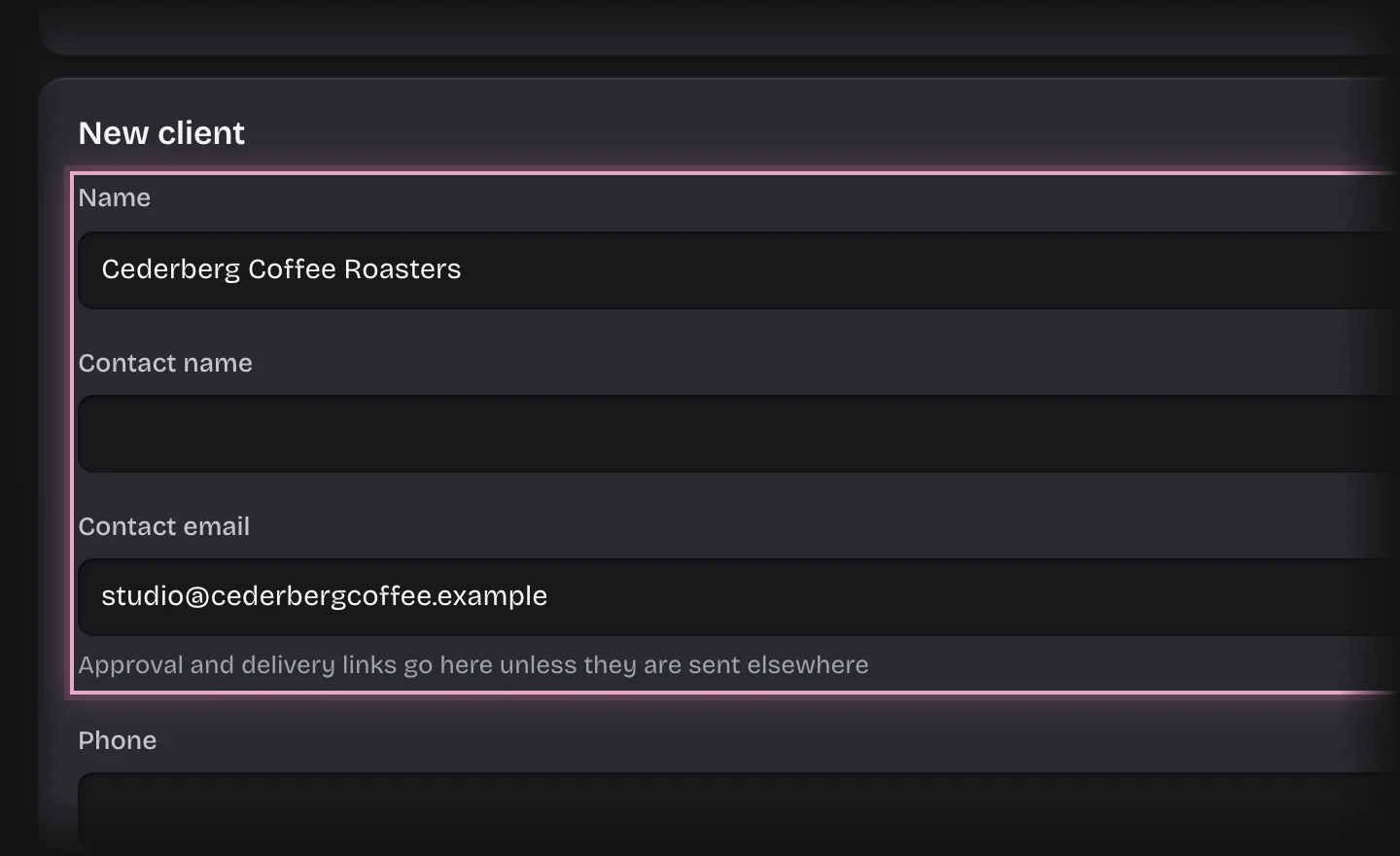 The New Client form with Name and Contact email filled in and outlined