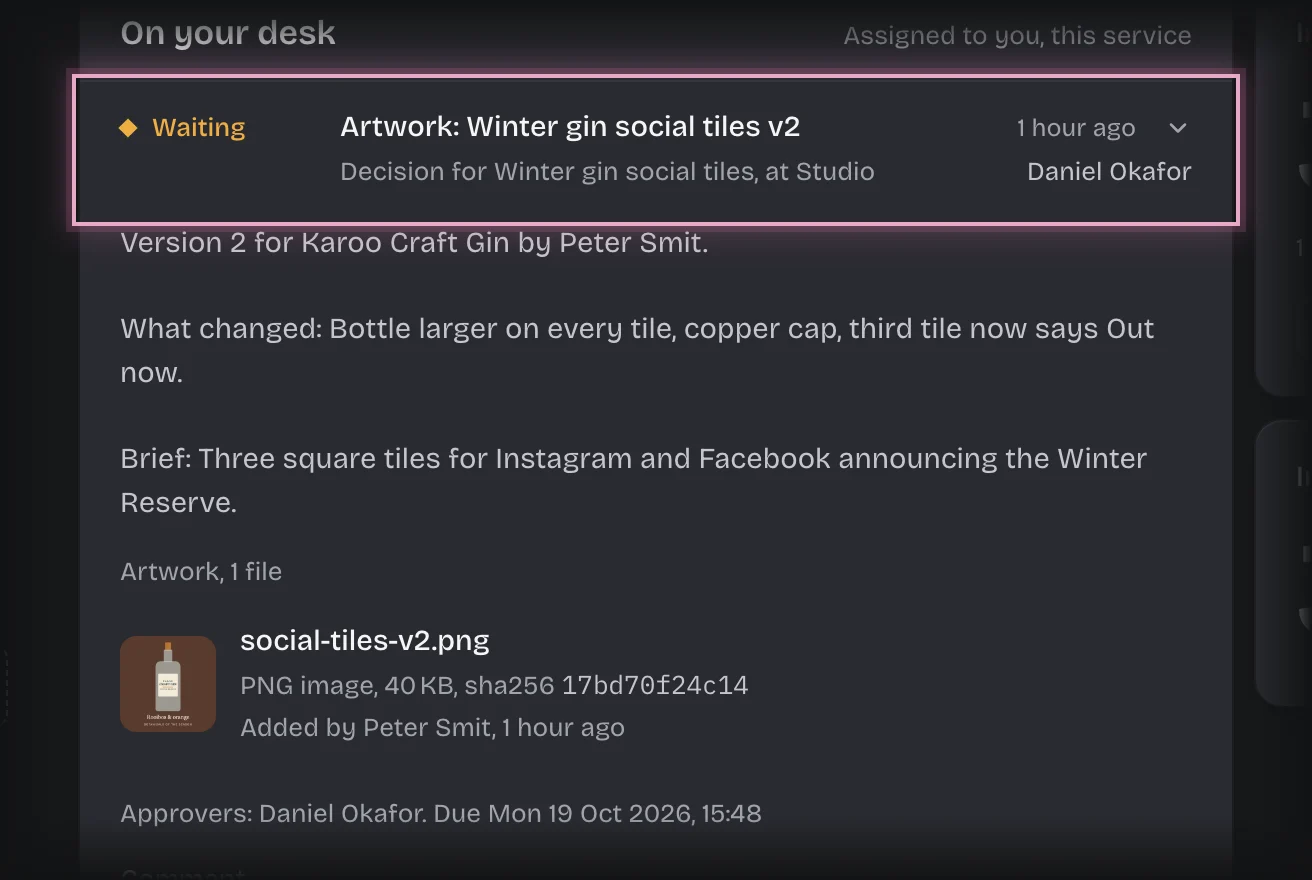 On your desk with the title of the card Artwork: Winter gin social tiles v2 outlined