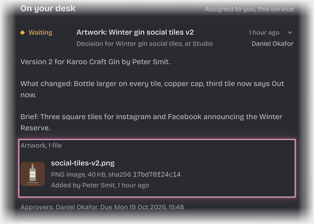 The sign-off card with the version file social-tiles-v2.png outlined under Artwork, with what changed and the brief above it