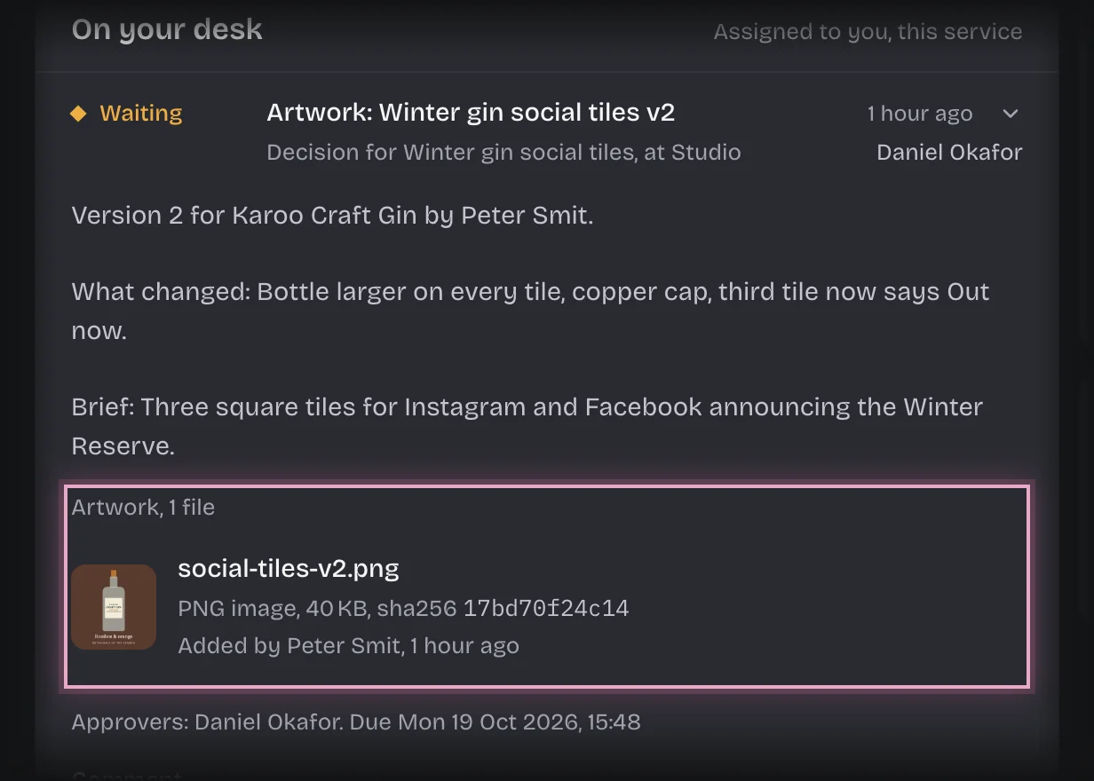 The sign-off card with the version file social-tiles-v2.png outlined under Artwork, with what changed and the brief above it