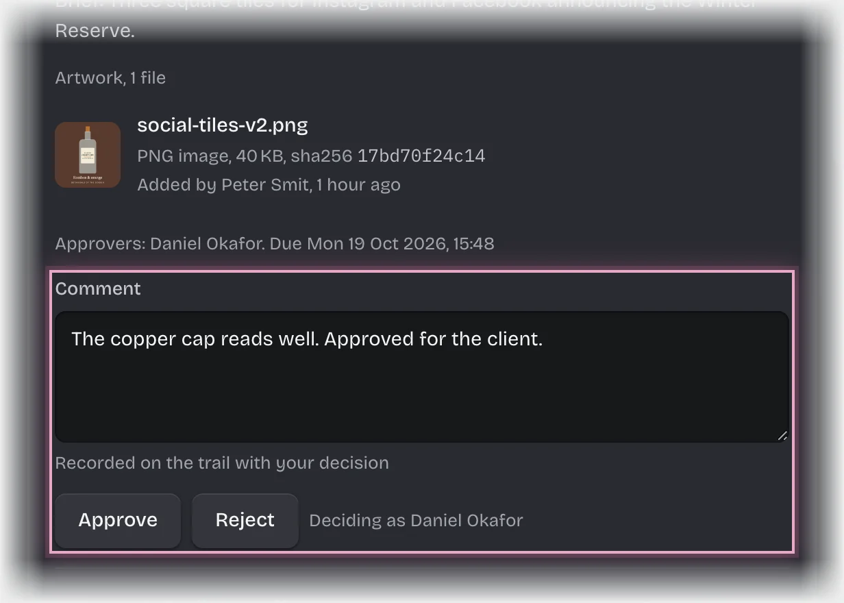 The sign-off card with a comment typed, and the Comment field, Approve and Reject outlined