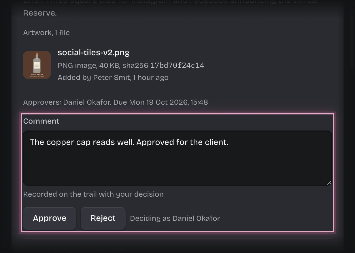 The sign-off card with a comment typed, and the Comment field, Approve and Reject outlined