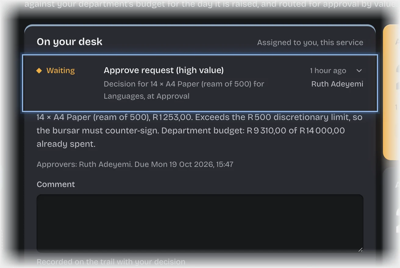 An Approve request (high value) card outlined on On your desk