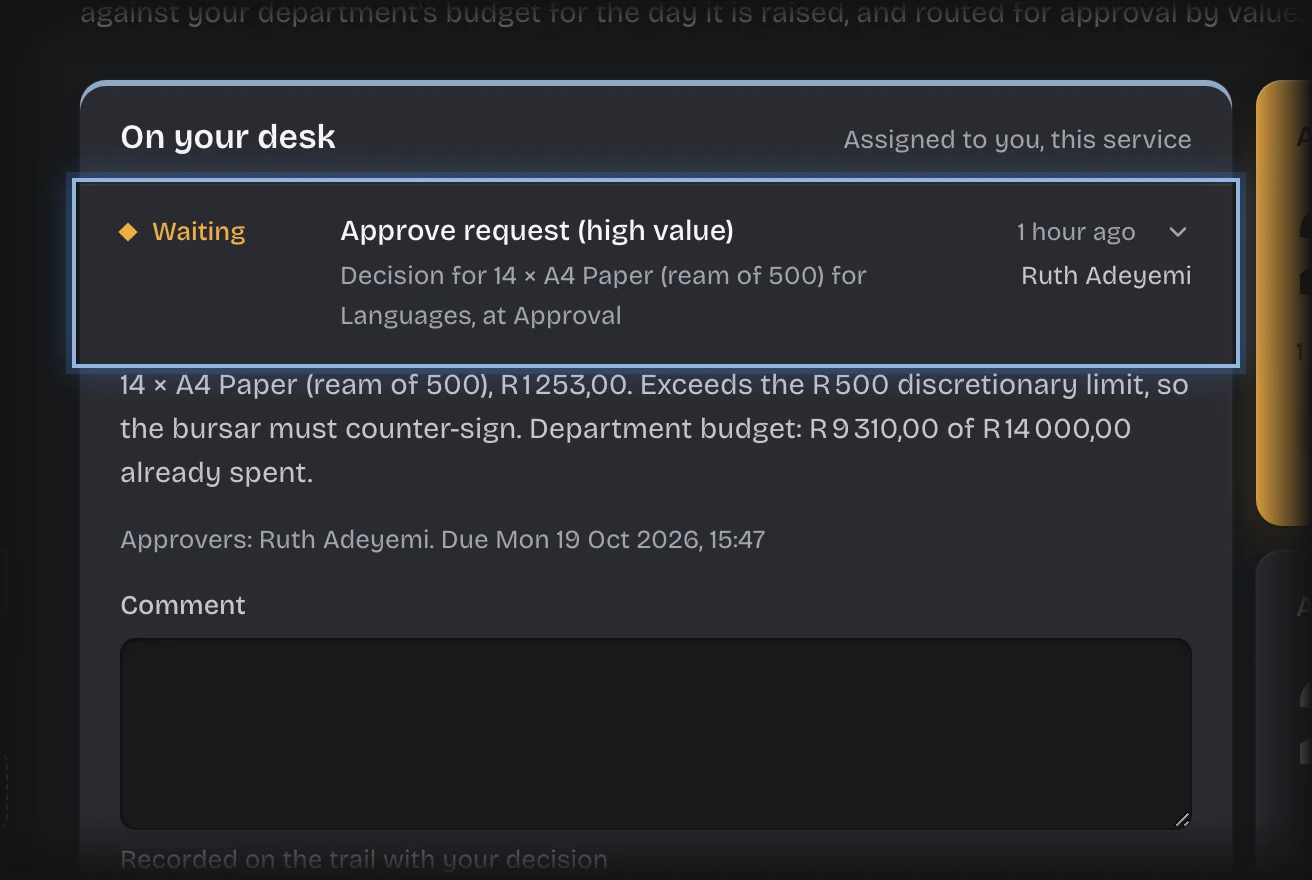 An Approve request (high value) card outlined on On your desk