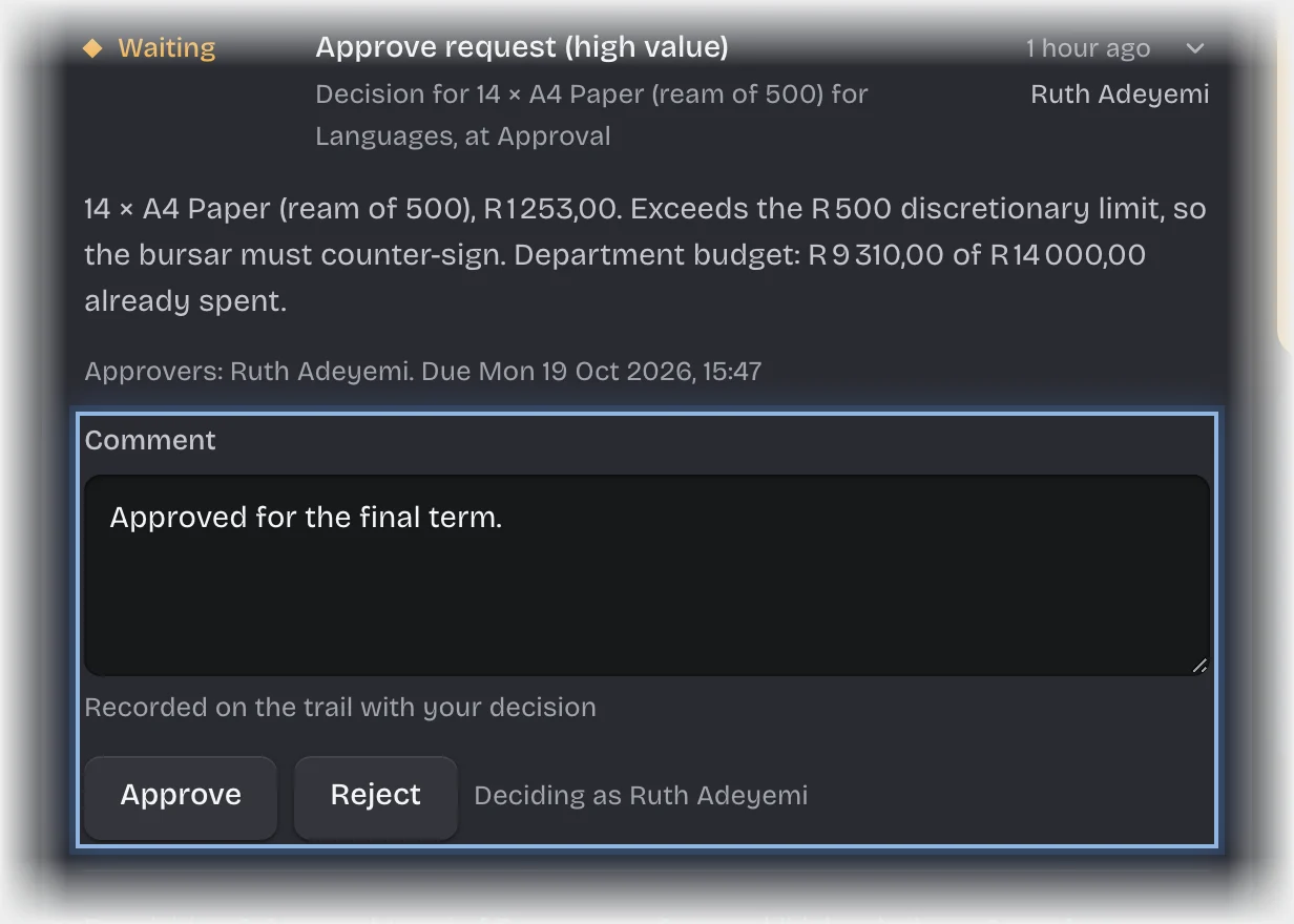 The Comment box and the Approve and Reject buttons outlined on the open card