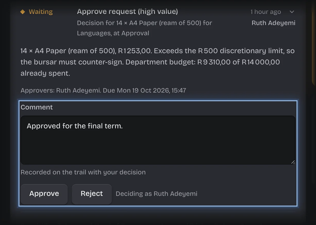 The Comment box and the Approve and Reject buttons outlined on the open card