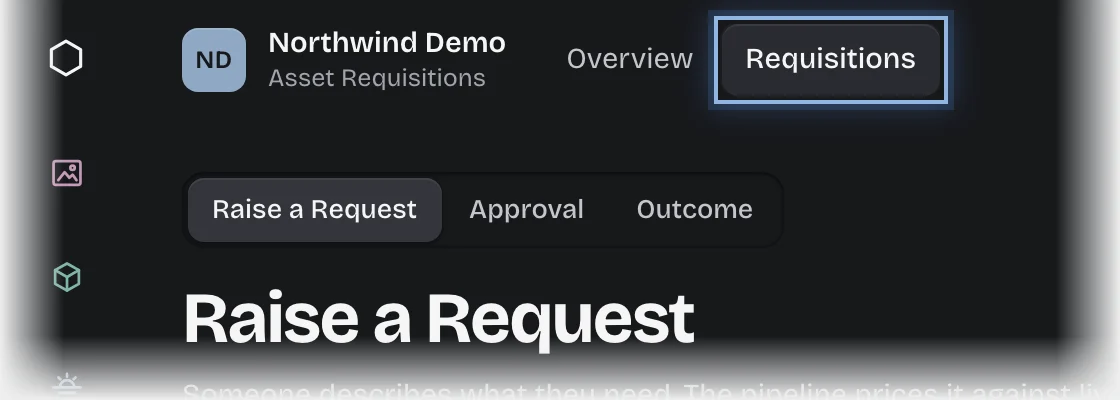 The Requisitions tab outlined in the top bar, with Raise a Request chosen on the stage switch
