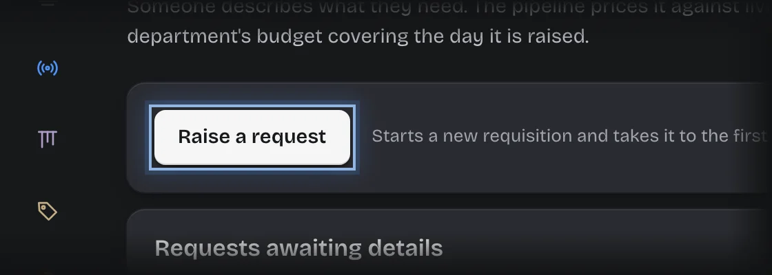 The Raise a request button outlined at the top of the Raise a Request stage