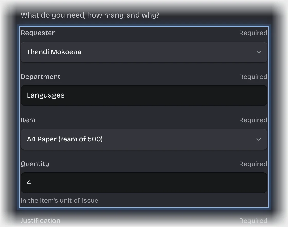 The Request details form with the Requester, Department, Item and Quantity fields outlined