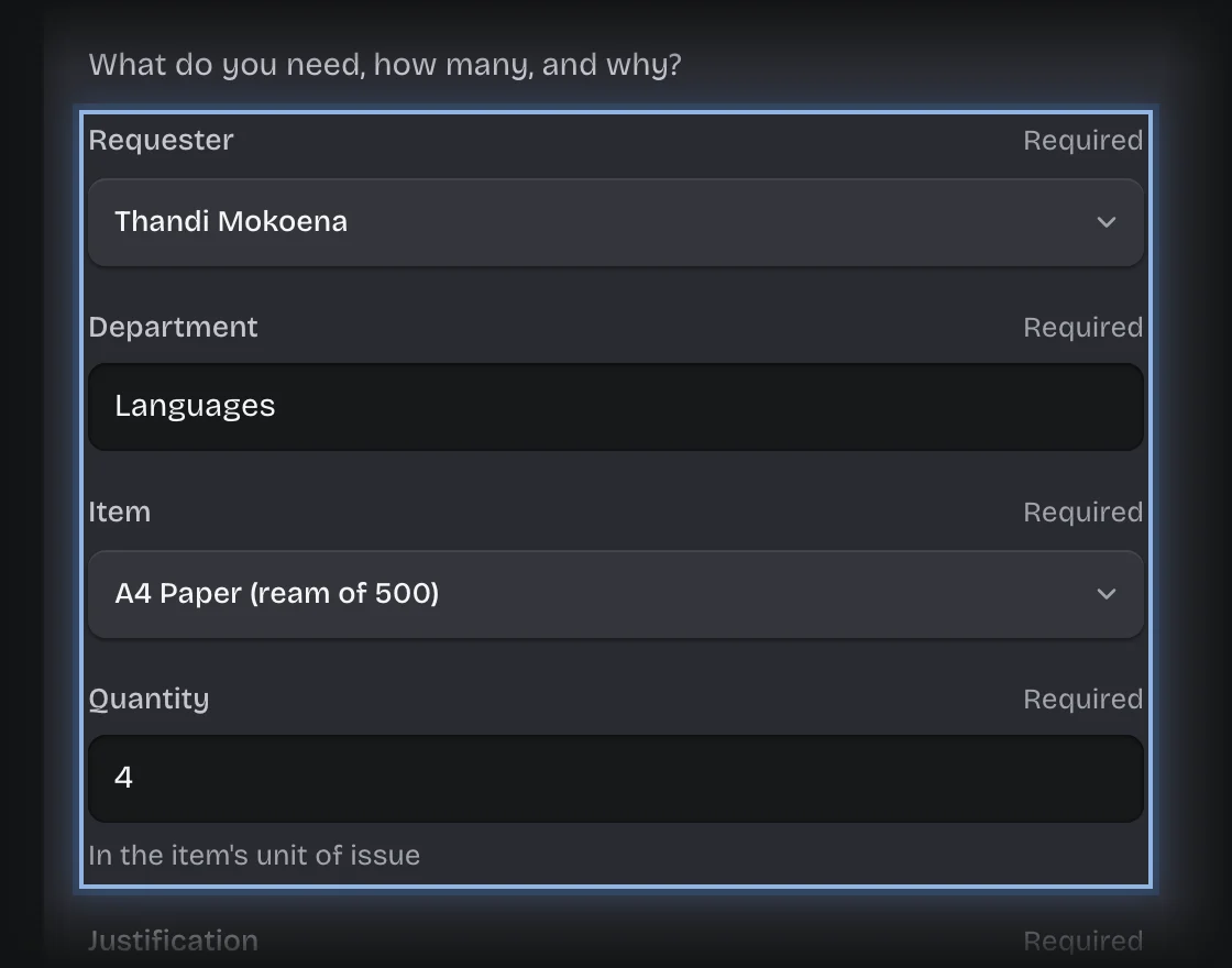 The Request details form with the Requester, Department, Item and Quantity fields outlined