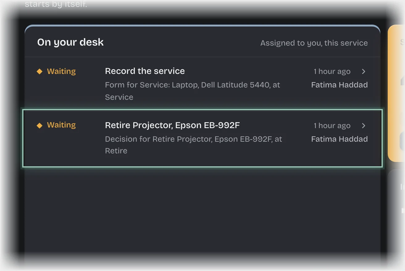 A request titled Retire followed by a projector’s name on On your desk, its title outlined