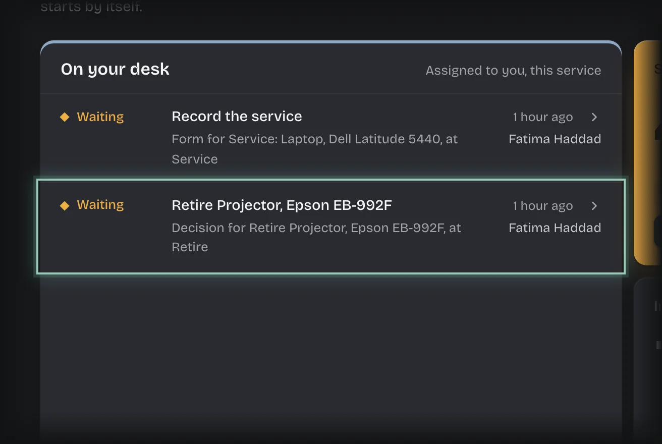 A request titled Retire followed by a projector’s name on On your desk, its title outlined