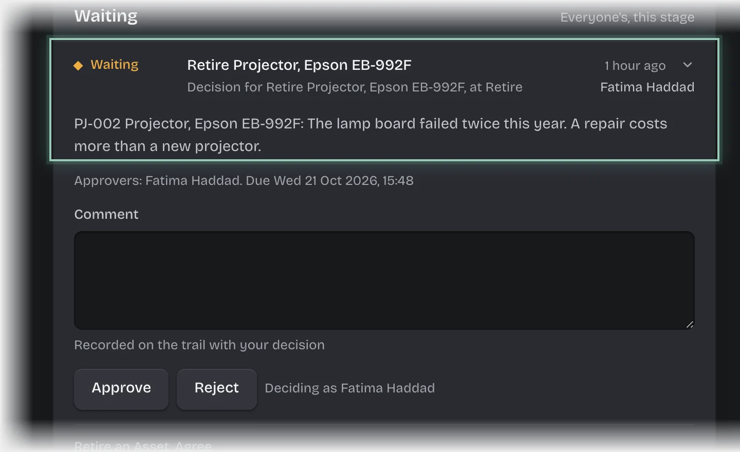 The retirement request under Waiting on the Retire tab, with its title and the asset’s tag, name and reason outlined