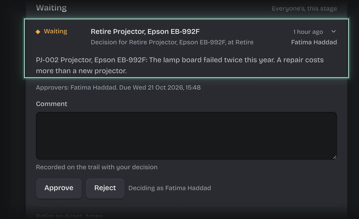The retirement request under Waiting on the Retire tab, with its title and the asset’s tag, name and reason outlined