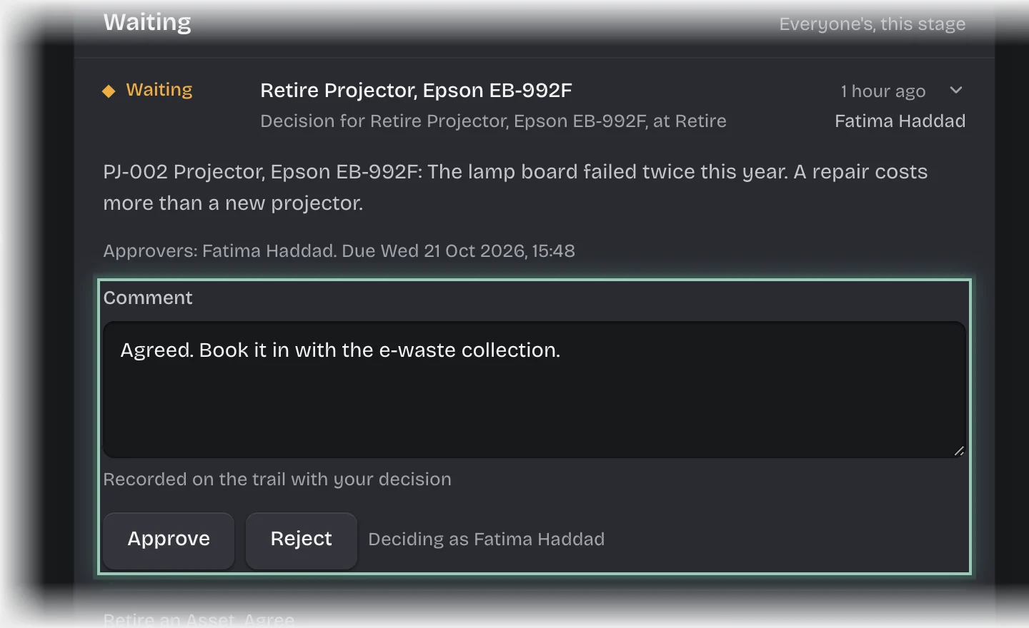 The retirement request with a comment typed, and the Comment field and the Approve and Reject buttons outlined