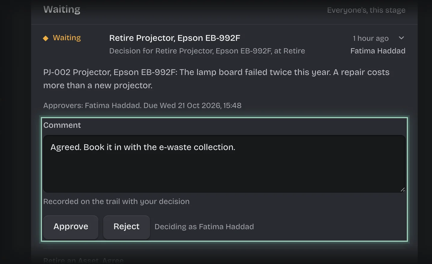 The retirement request with a comment typed, and the Comment field and the Approve and Reject buttons outlined