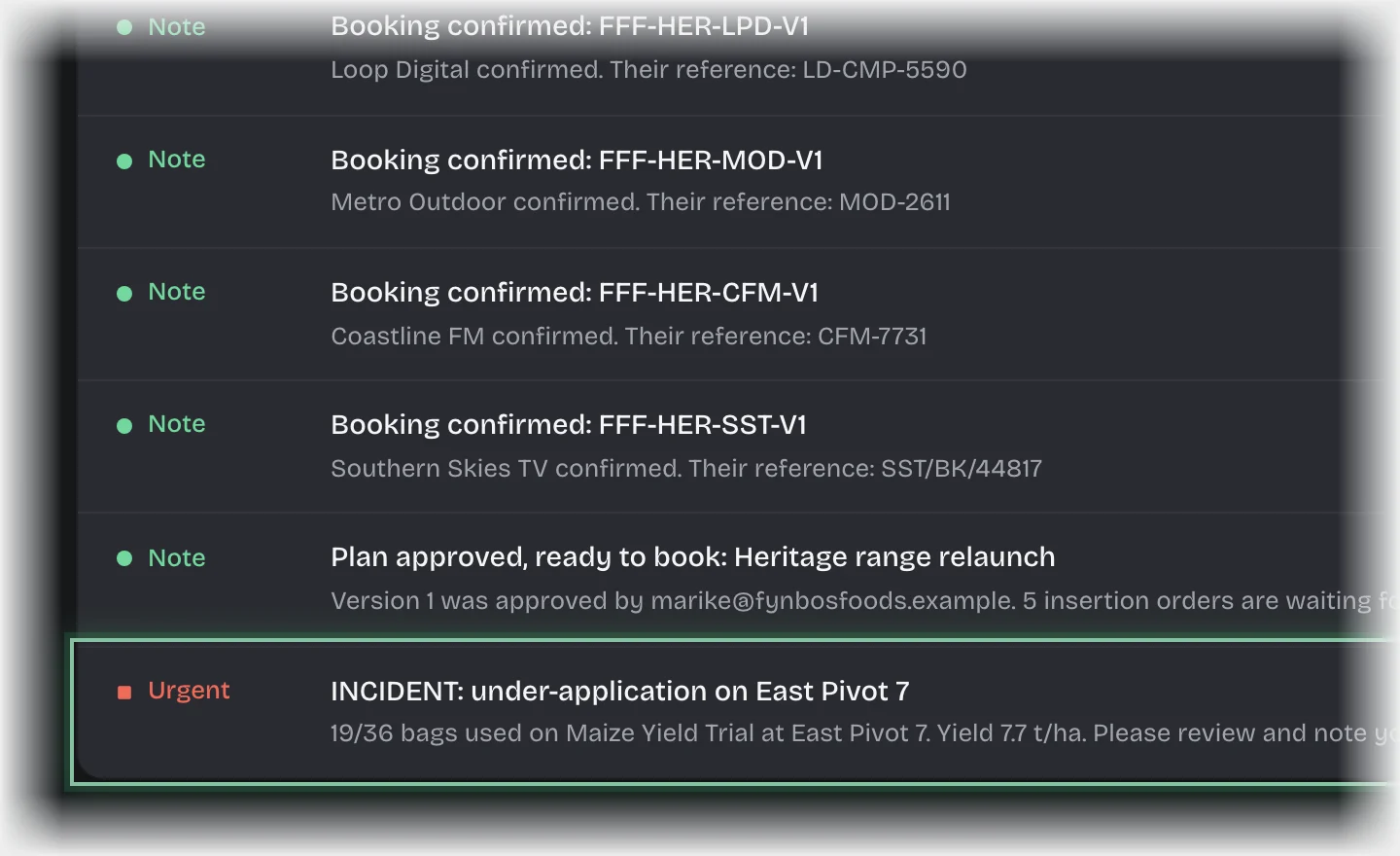 The inbox list, with the INCIDENT message outlined