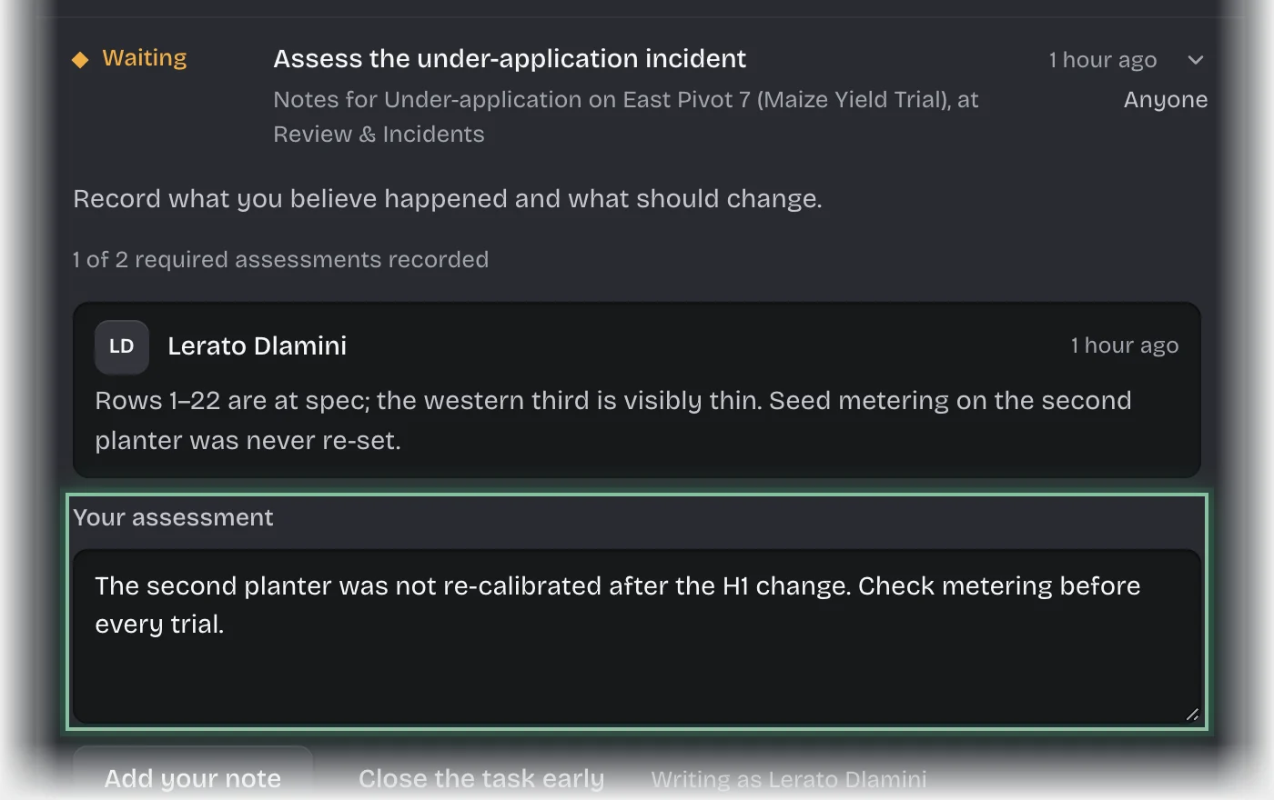 The Your assessment box outlined on the incident card, with an assessment typed in