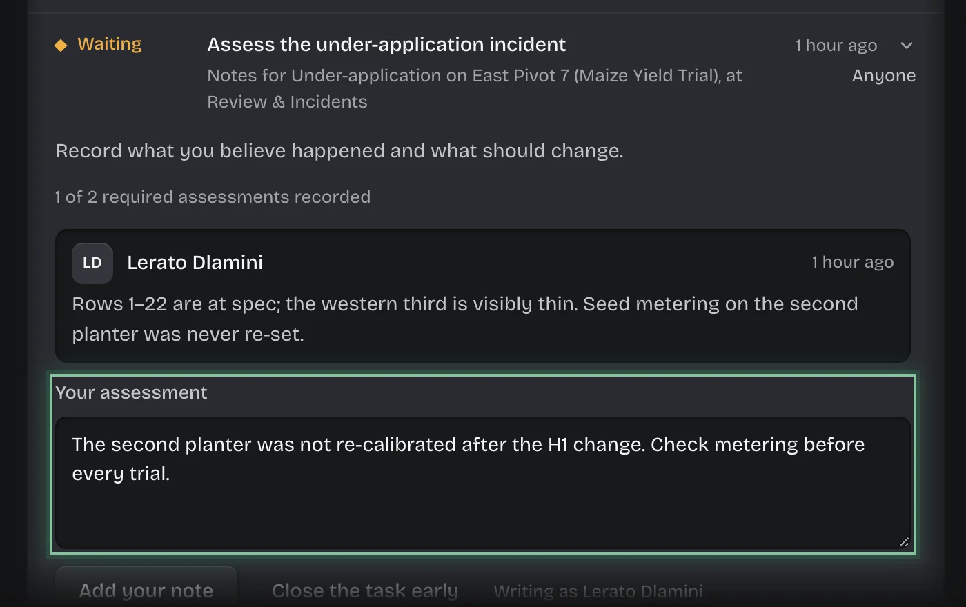 The Your assessment box outlined on the incident card, with an assessment typed in