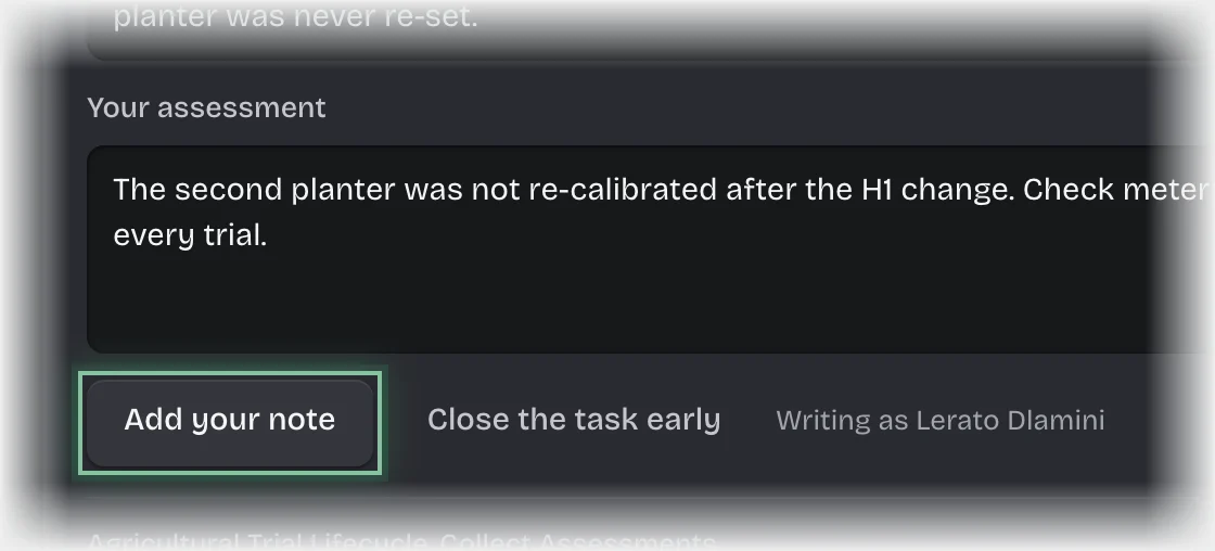 The Add your note button outlined under the typed assessment