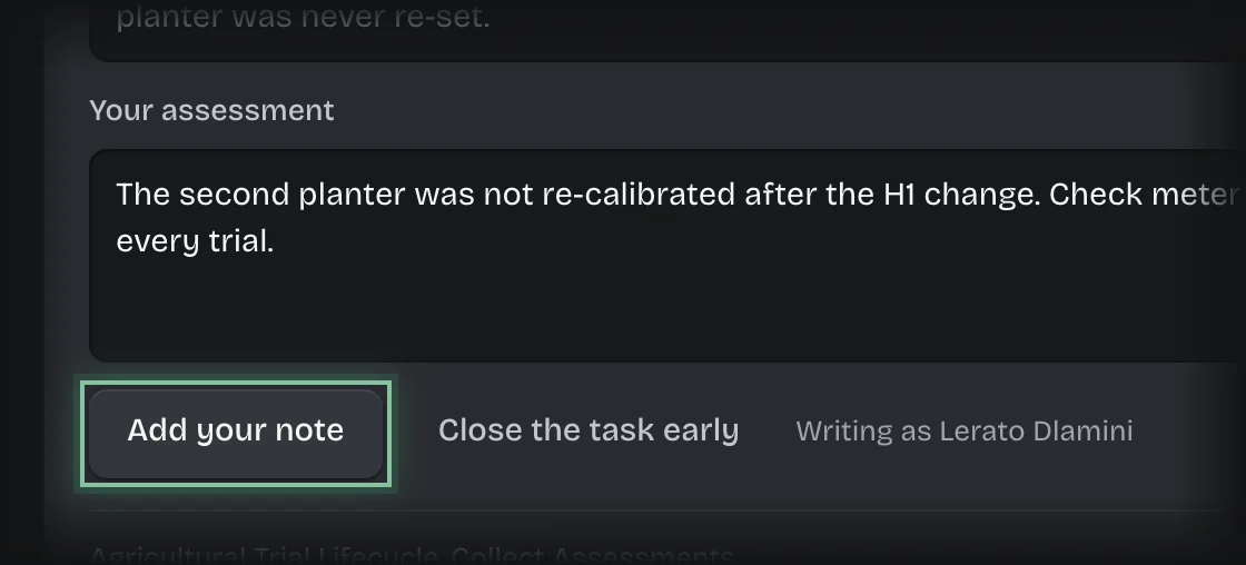 The Add your note button outlined under the typed assessment