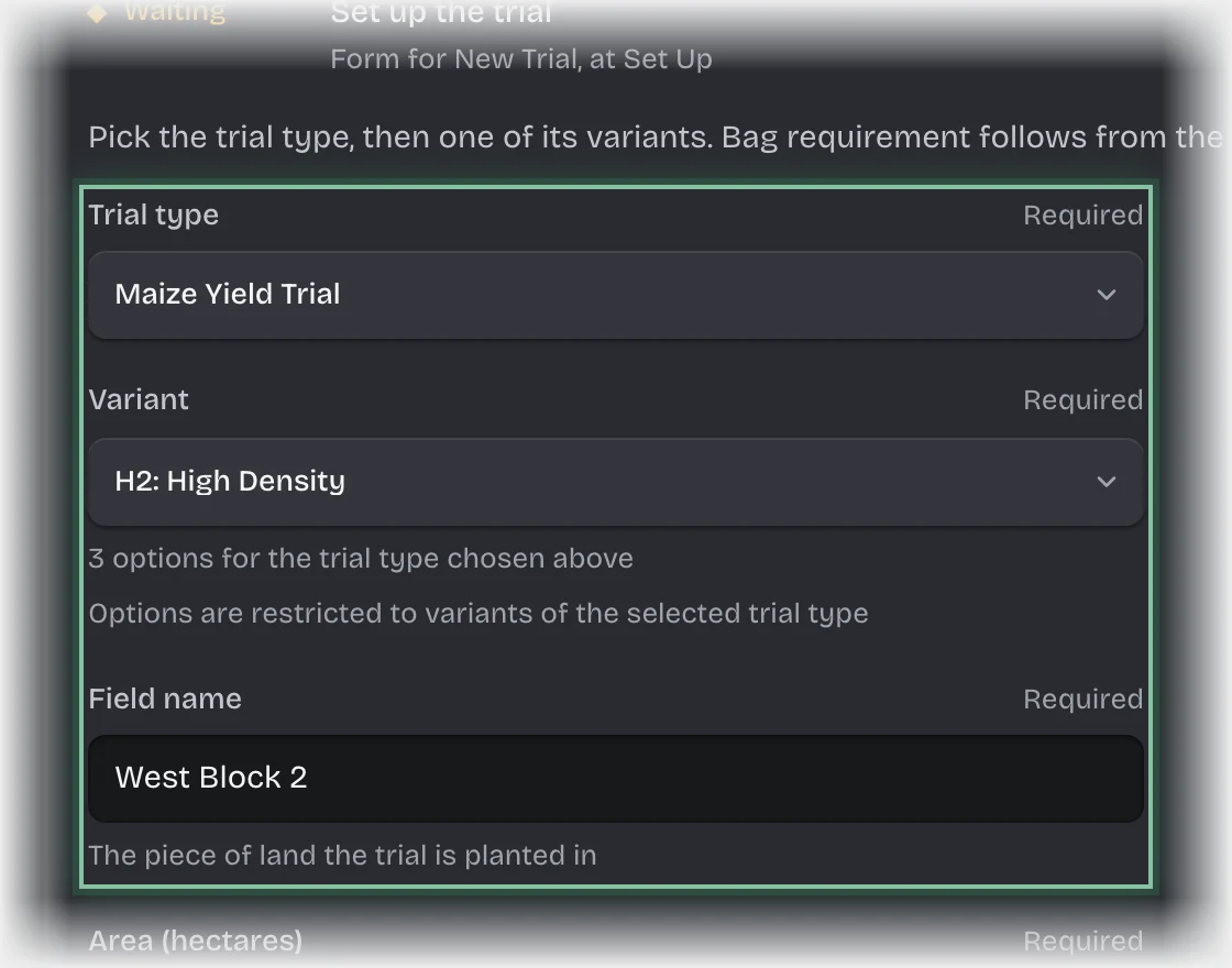 The Set up the trial form with the Trial type, Variant and Field fields outlined