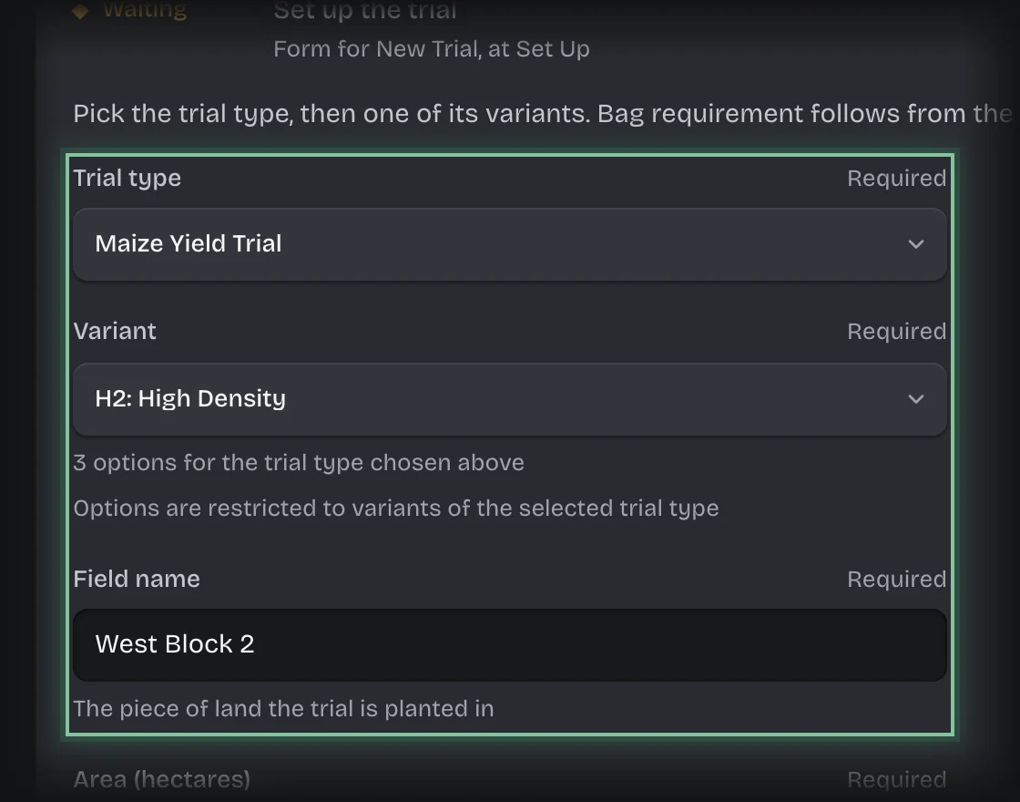 The Set up the trial form with the Trial type, Variant and Field fields outlined