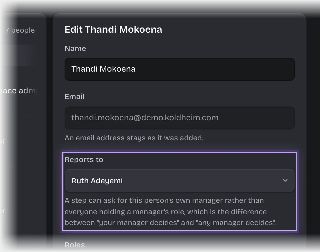 A person’s row opened under Manage > People, with the Reports to field outlined and set to Ruth Adeyemi