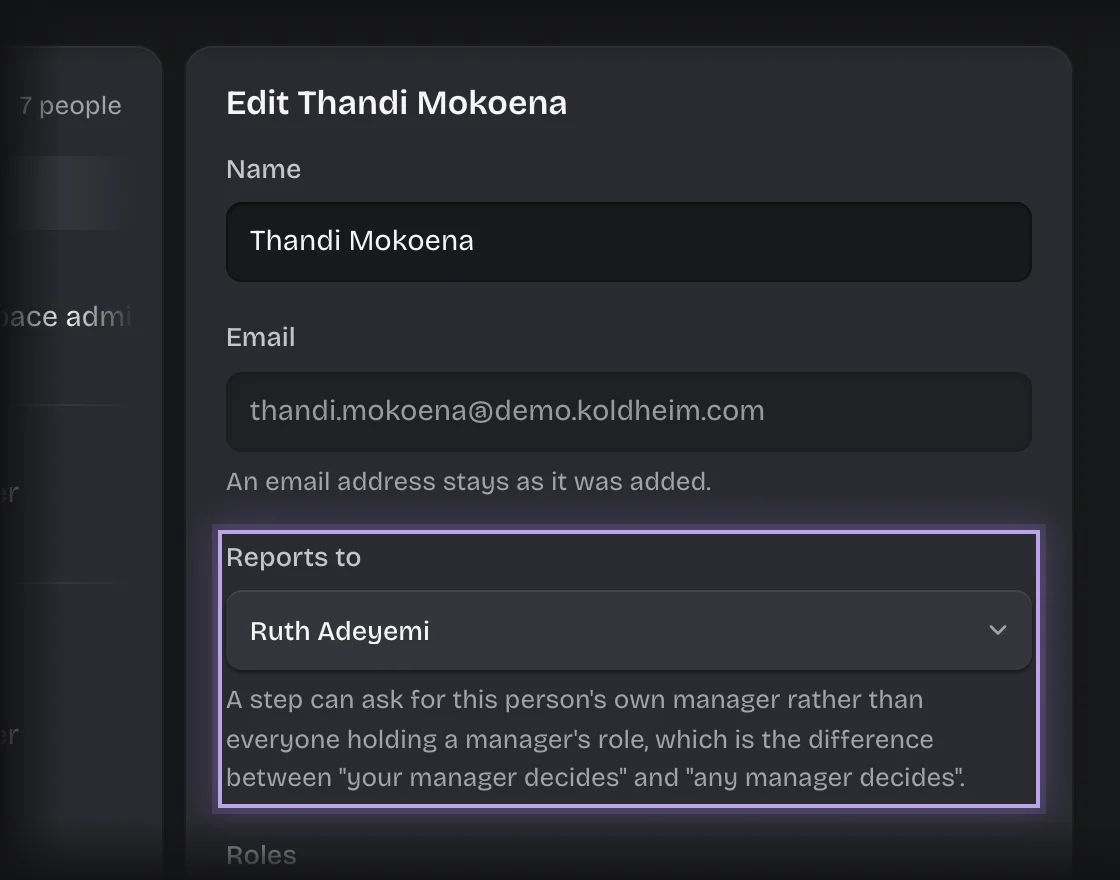 A person’s row opened under Manage > People, with the Reports to field outlined and set to Ruth Adeyemi