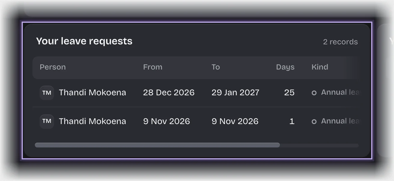The Your leave requests panel outlined, listing two requests with their dates, working days, kind and status