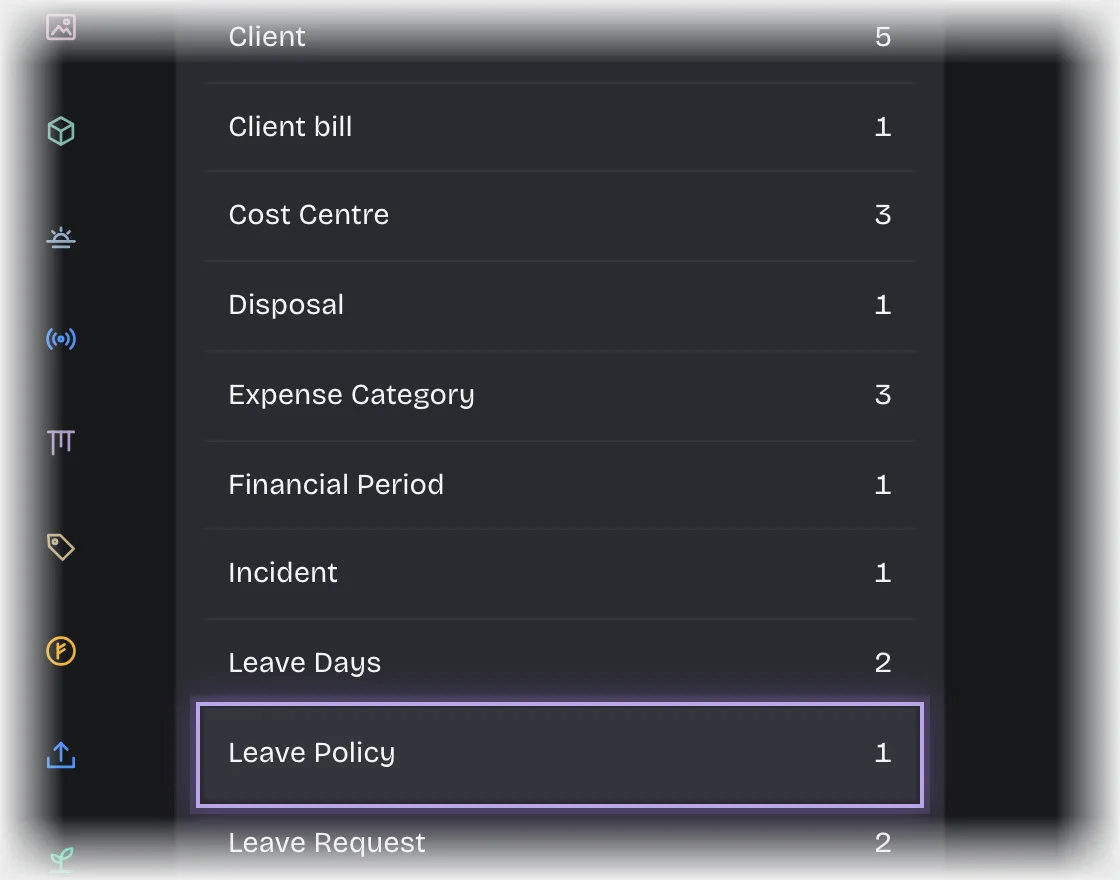 Record types under Manage > Records with Leave Policy outlined