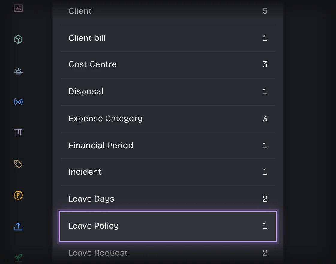 Record types under Manage > Records with Leave Policy outlined