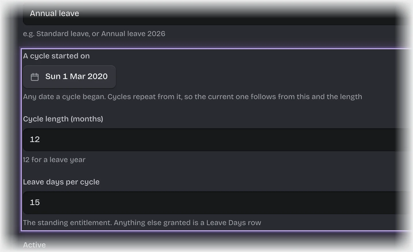 The Annual leave policy open to edit, with A cycle started on, Cycle length (months) and Leave days per cycle outlined