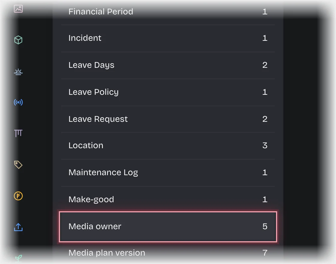 Manage, Records with Media owner outlined in the list of record types