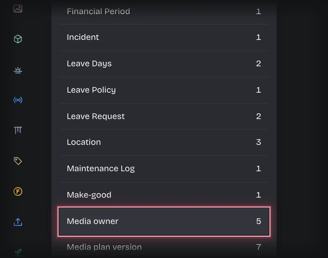 Manage, Records with Media owner outlined in the list of record types