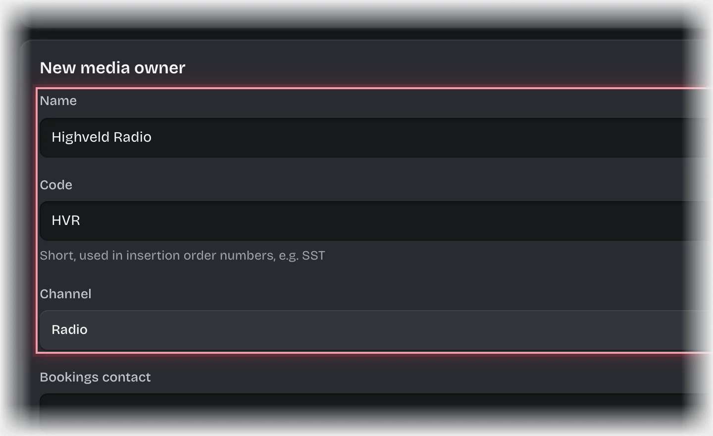 The New media owner form with Name, Code and Channel filled in and outlined