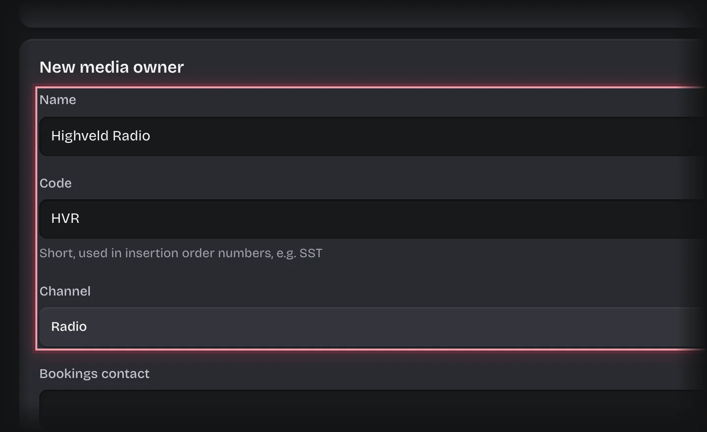 The New media owner form with Name, Code and Channel filled in and outlined