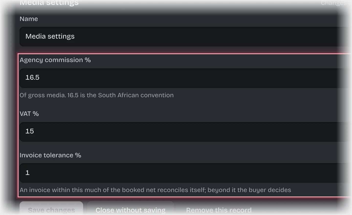 The Media settings record open, with Agency commission %, VAT % and Invoice tolerance % outlined