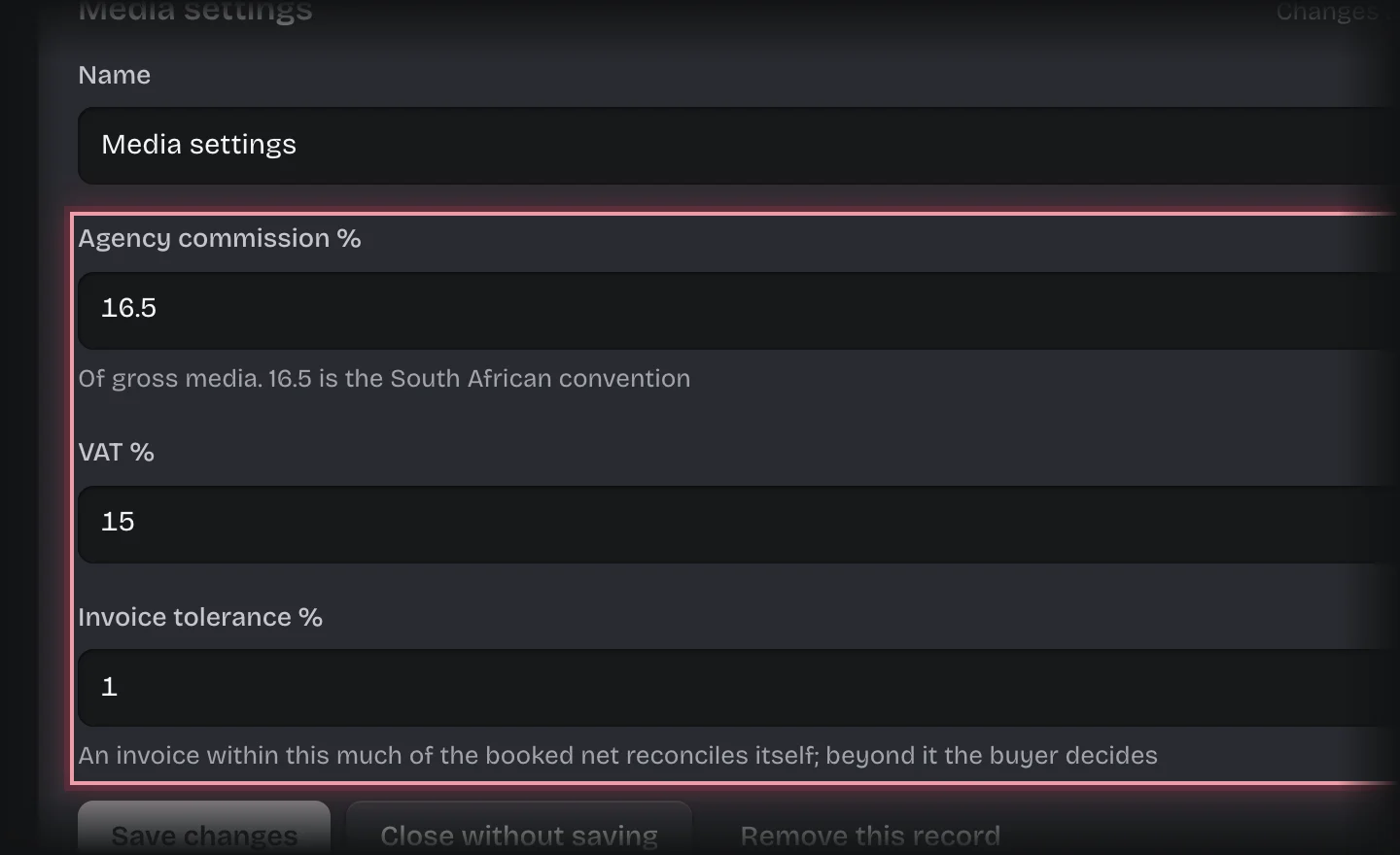 The Media settings record open, with Agency commission %, VAT % and Invoice tolerance % outlined
