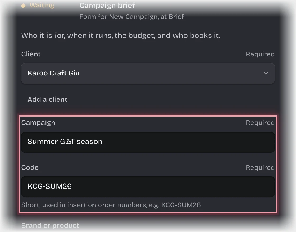 The campaign brief form with Karoo Craft Gin chosen, and the Campaign and Code fields filled in and outlined