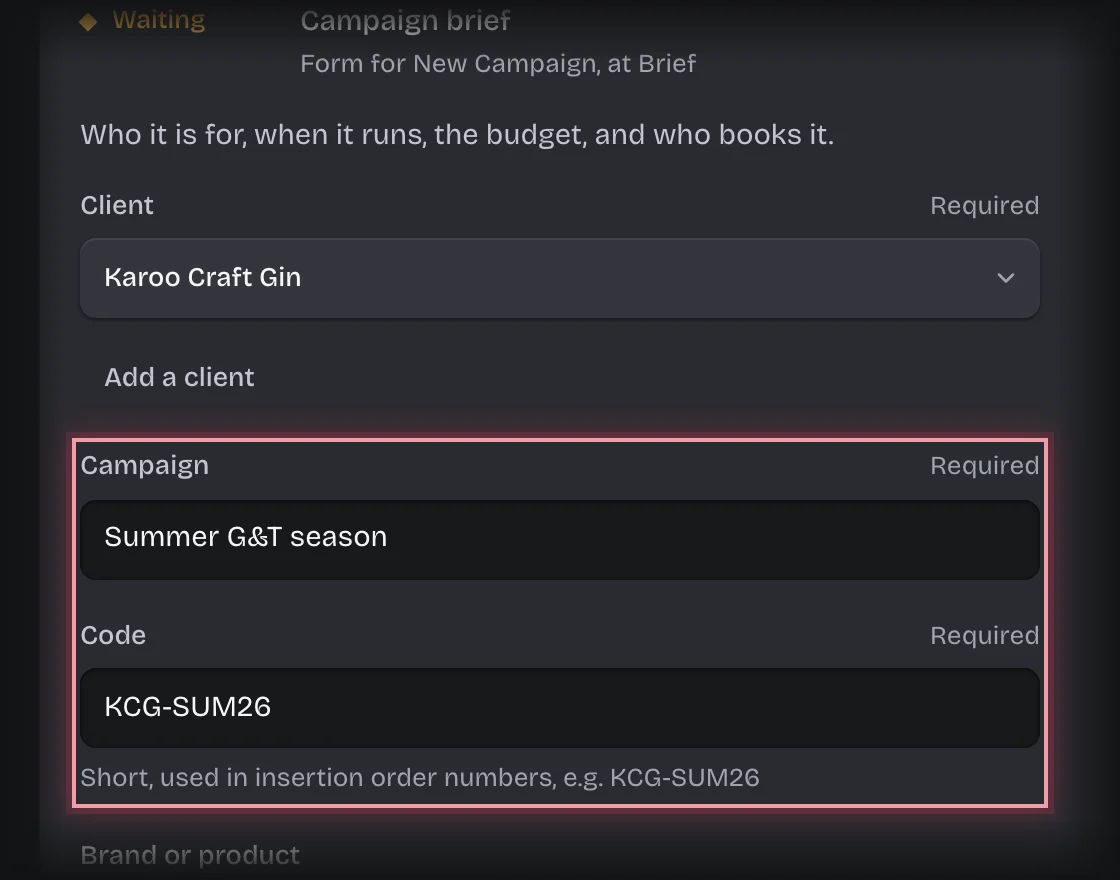 The campaign brief form with Karoo Craft Gin chosen, and the Campaign and Code fields filled in and outlined