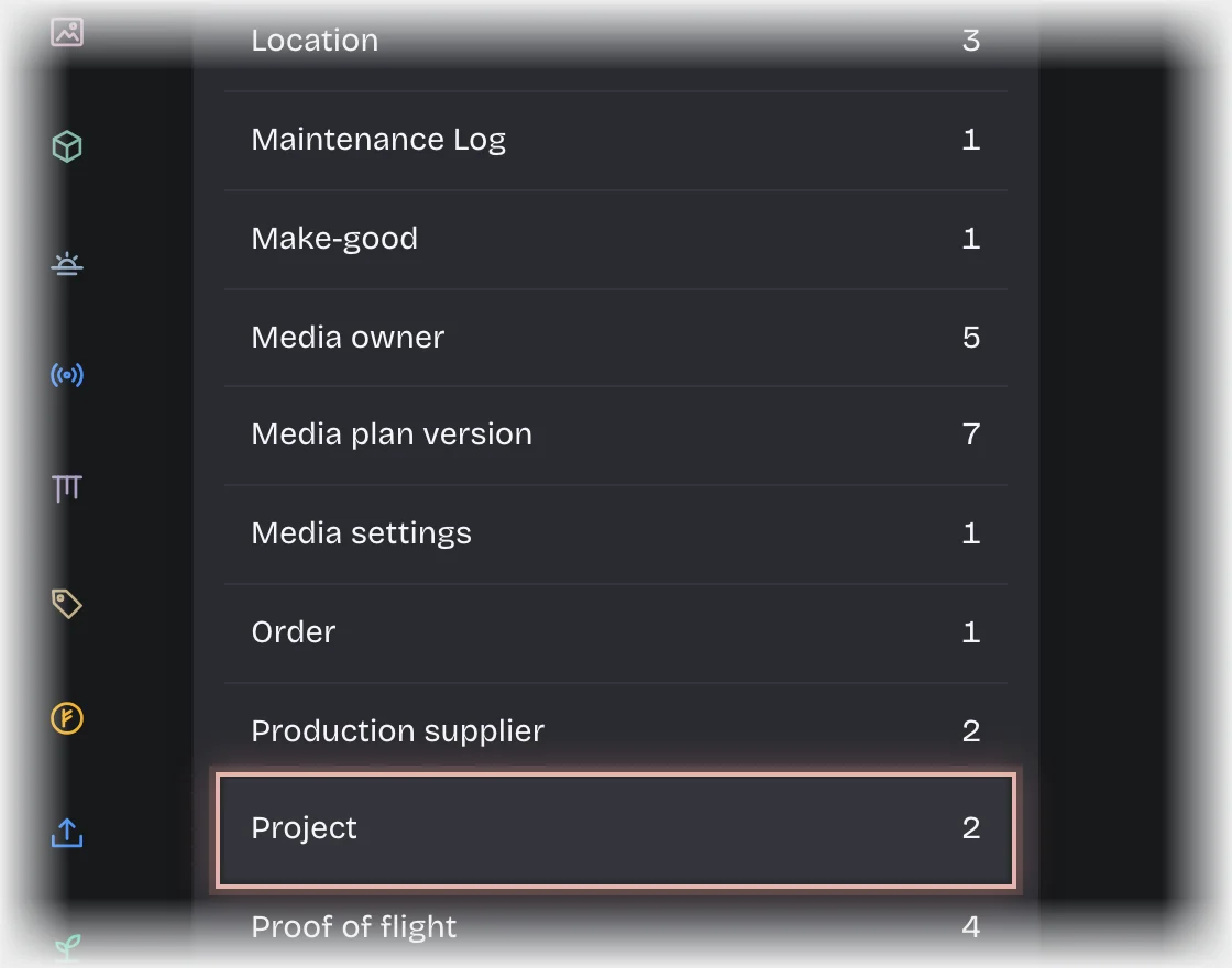 The list of record types in Manage, Records, with Project outlined