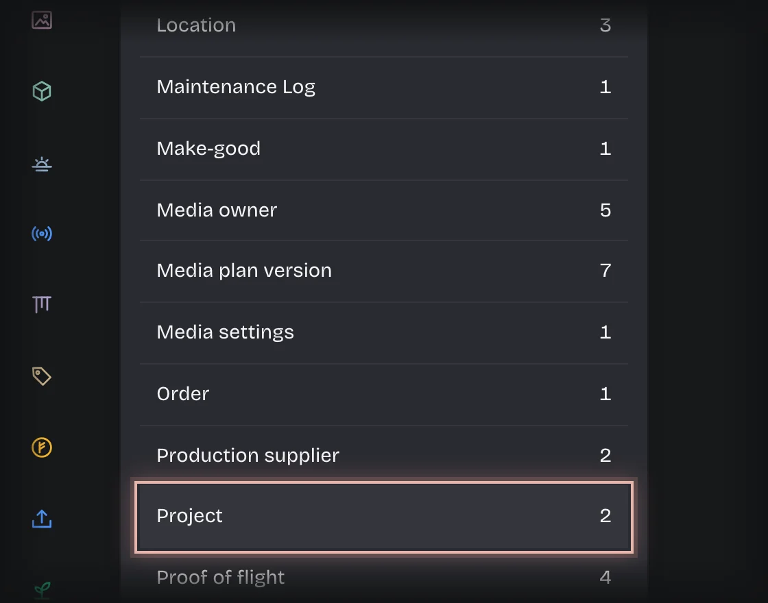 The list of record types in Manage, Records, with Project outlined