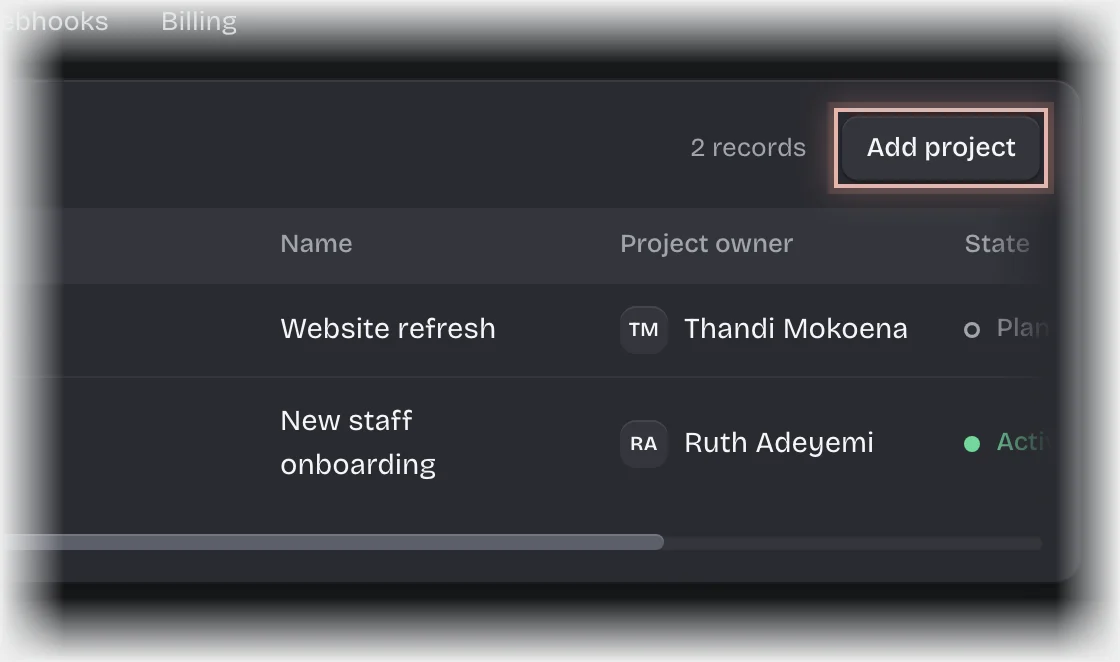The Add project button outlined at the top of the Projects list