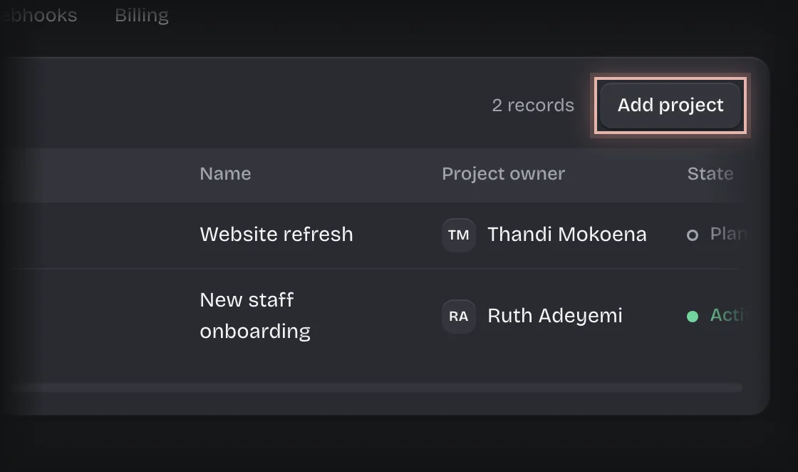 The Add project button outlined at the top of the Projects list